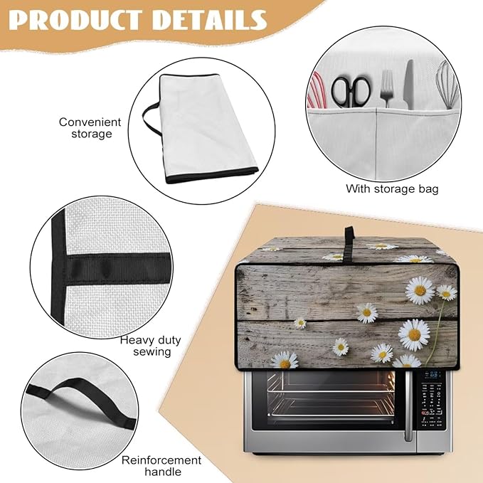 Toaster Oven Cover Washable Small Kitchen Appliance Dust Cover with Pockets, for Air Fryer Toaster Ovens, Microwaves, S, 14.5 x 18.5 x 9 Inches, Daisy Wood Grain