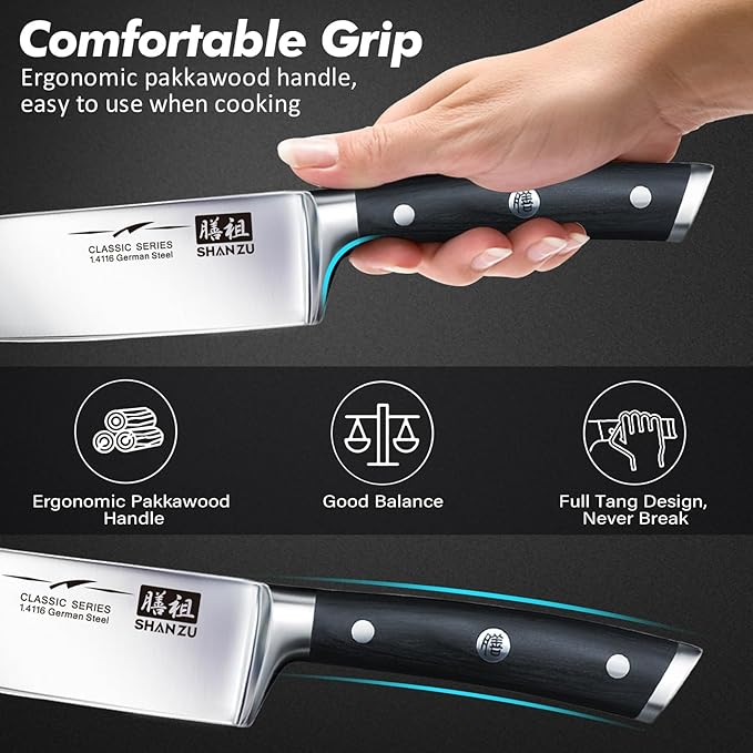 SHAN ZU Kitchen Knife Sets 3pcs, Professional German 5Cr15MoV Stainless Steel, High Carbon Steel Knives Sets, Ultra Sharp Ergonomic Wood Handle & Full Tang Design, Gift Box Included