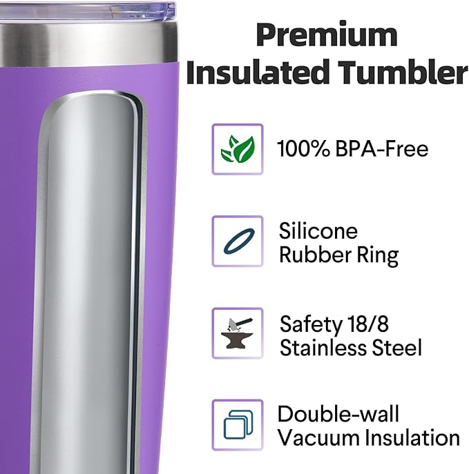 Volhoply 20oz Stainless Steel Tumbler with Lid and Straw Bulk 8 Pack,Double Wall Insulated Travel Iced Coffee Mug Fits Cup Holder,Powder Coated Cups for Hot/Cold Drinks,Gifts for Women（Purple,8 Set）