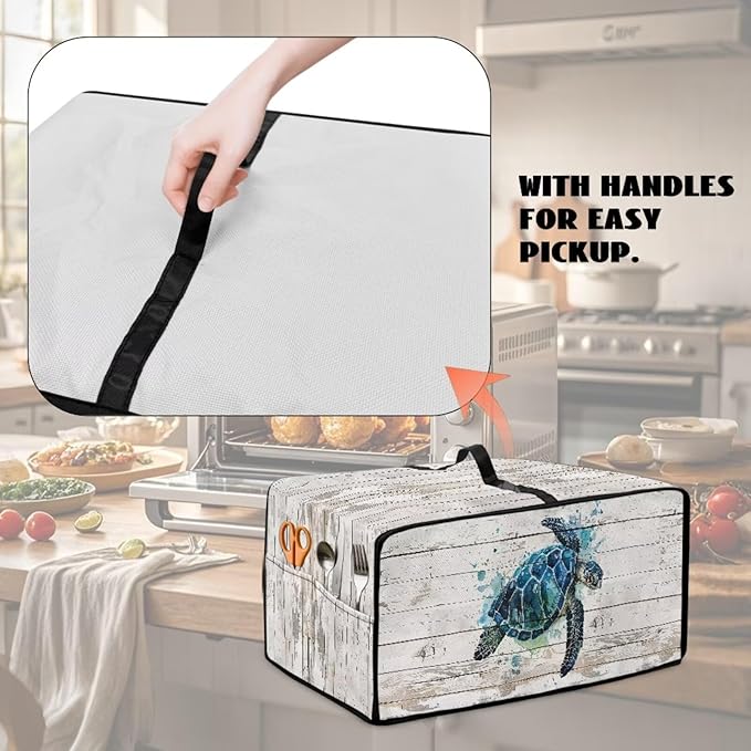 Air Fryer Toaster Oven Cover with Side Pockets, Protective Electrical Appliance Cover Kitchen Countertop Accessories and Decor, S, Watercolor Sea Turtle Wood Grain