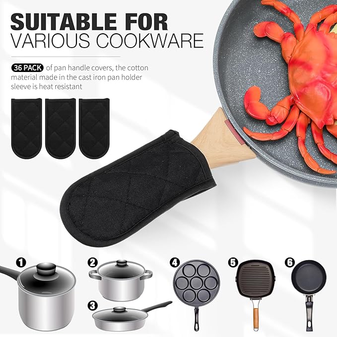 Dandat 36 Set Hot Handle Covers for Daily Replace Use Gift Pan Handle Sleeve Covers Heat Resistant Cast Iron Holder Sleeve Washable Handgrip Mitts for Christmas Kitchen Gifts Craft (Black)