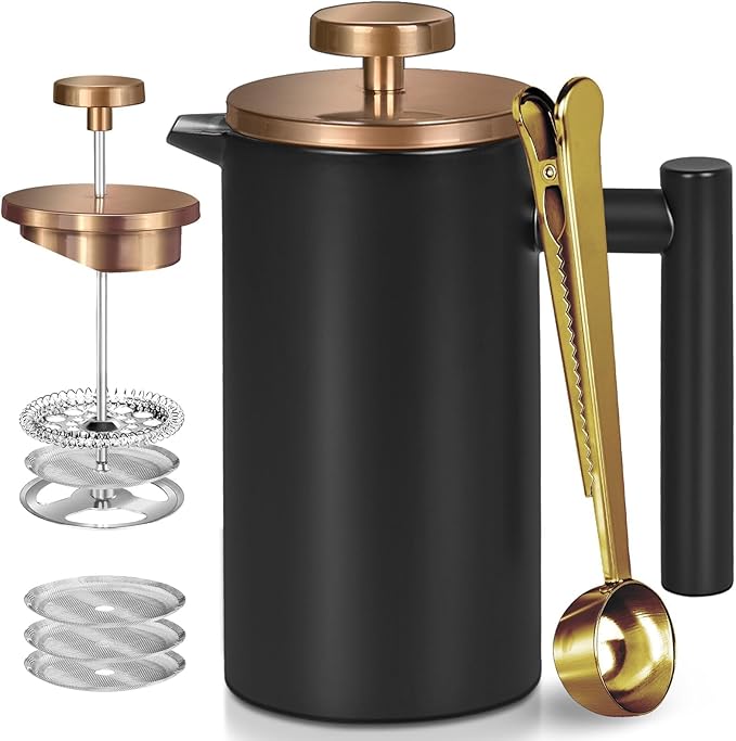 Black Mini French Press Coffee Maker 12oz, Single Cup French Press with Rose Gold Lid, 3 Extra Filters & 1 Gold Spoon(350ml Compact Travel Size) Dishwasher Safe