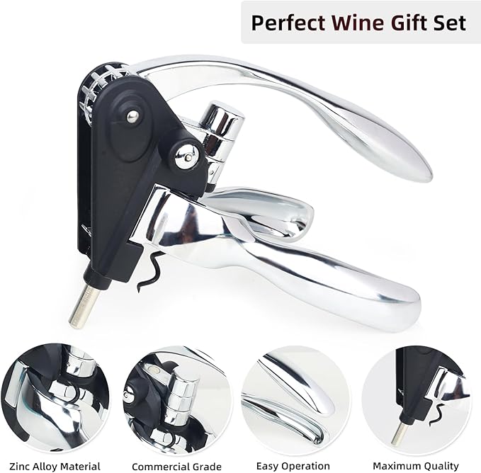Rabbit Wine Opener Set with Luxury Gift Box, 5-Piece Gift Kit Includes Corkscrew, Foil Cutter, Bottle Stopper, Wine Pourer, Easy Cork Removal, Perfect for Wine Lovers (Moonlight Silver)