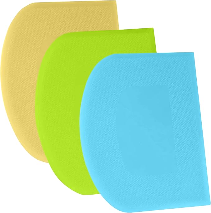SURDOCA Dough Scraper Bench Scraper - 3P 11.8x7.3" Plastic Flexible Bowl Scraper, Sharp Edge & Angles Cake Scraper. Non-Slip Bakeware Decorating Tools Sculpting & Modeling Tools - Blue+Yellow+Green