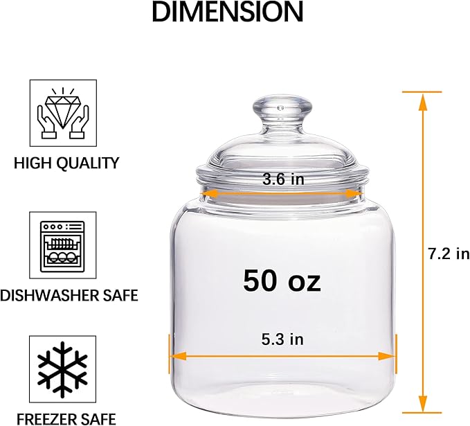 50 oz Small Unbreakable & Dishwasher Safe Airtight Food Storage Jar | Premium Plastic Shatterproof Apothecary Jars | An ideal Canister Container for Coffee, Cereal, Tea, Spices, Snack, Bath Salt