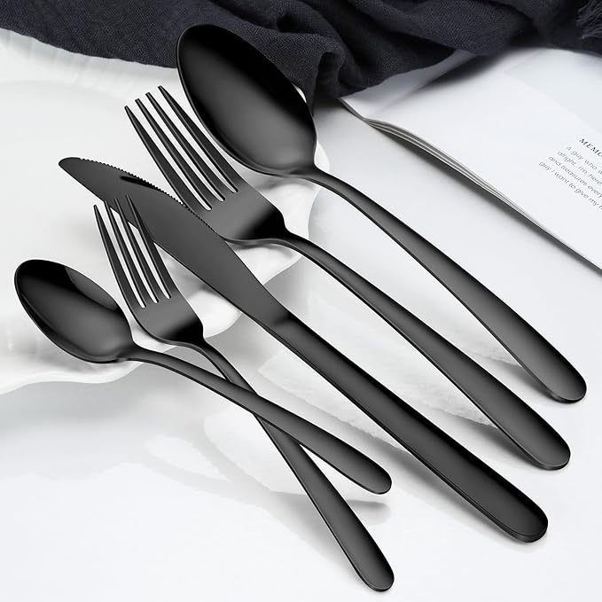 Hunnycook Black Silverware Set - 20PCS Stainless Steel Silverware Set for 4, Includes Forks Spoons and Knives, Utensil Sets for Home Kitchen Restaurant, Dishwasher Safe