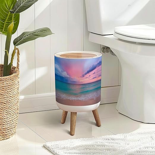 Trash Can with Lid Pink Sunset Press Top Round Small Garbage Bin with Wooden Legs Waste Basket for Kitchen Bedroom Nursery 7L/1.8 Gallon