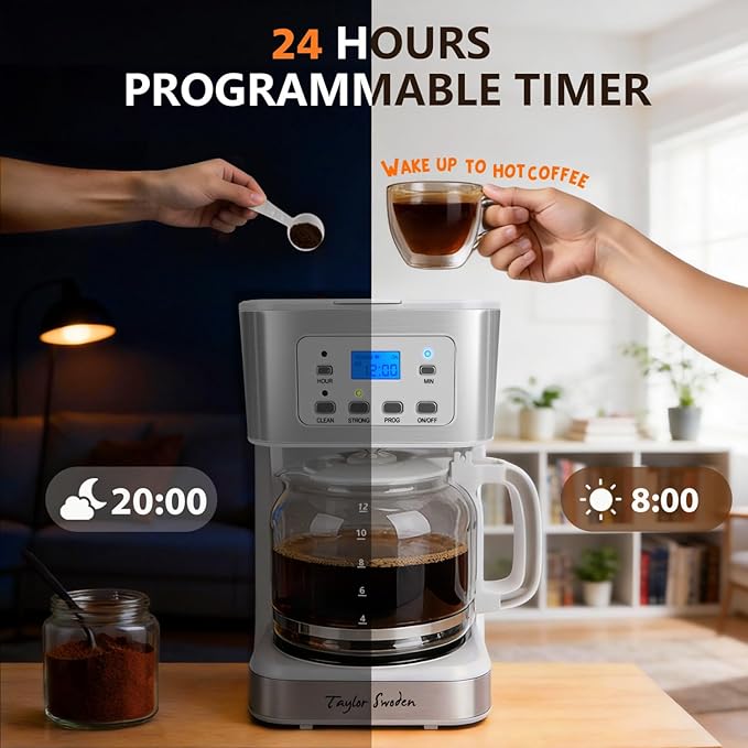 Taylor Swoden 12-Cup Programmable Coffee Maker, Regular & Strong Brew Drip Coffee Machine for Home and Office, Glass Carafe, Pause & Serve, Auto Shut Off, White & Stainless Steel