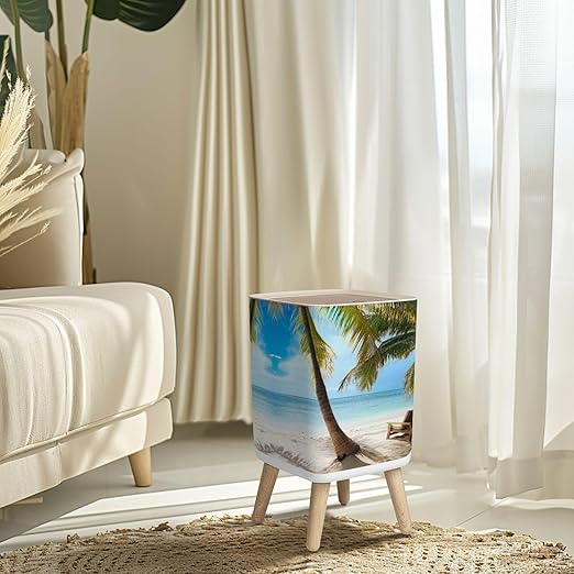 Small Trash Can with Lid Tropical Beach Caribbean sea Saona Island Dominican Republic Wastebasket with Press Cover Dog Proof Garbage Can Waste Bin for Kitchen Bathroom Nursery 2.6 Gallon