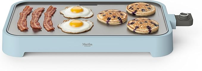 Martha Stewart 12” x 22” Electric Griddle, XL Ceramic Nonstick Flat Top Cooking Surface, Adjustable Temperature Dial, Drip Tray, Dishwasher Safe, 1500W Fast Even Heating, Pancakes & Eggs, Sky Blue