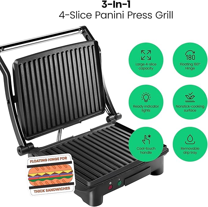 Chefman Panini Press Grill and Gourmet Sandwich Maker NonStick Coated Plates,Opens 180 Degrees to Fit Any Type or Size of Food,Stainless Steel Surface and Removable Drip Tray,4 Slice,Black,(Pack of 2)