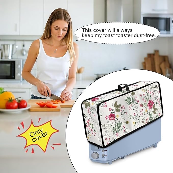 Fresh Floral Toaster Cover 2 Slice Long Slot Slim Toaster Dust Cover, Easy to Fold and Carry, Heat-Resistant Dustproof Protective Covers for Small Appliance