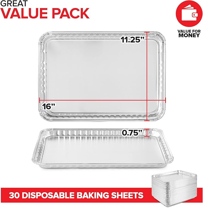 Stock Your Home Disposable Cookie Sheets for Baking (30-Pack) Aluminum Trays, Foil Pans, Shallow Sheet Pan for Cooking Thin Crust Pizza, Brownie Tins, Oven Liners