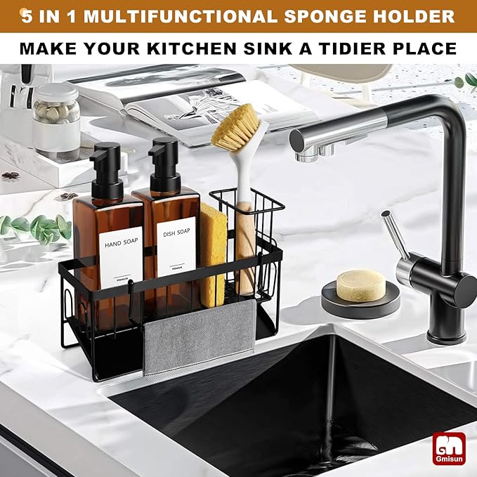 GMISUN Dish Soap Dispenser, 12 Fl oz / 350 ml Dual Soap Dispenser with Sponge Holder, Customized Amber Glass Kitchen Soap Dispensers Set, Modern Hand and Dish Soap Dispensers Set Removable