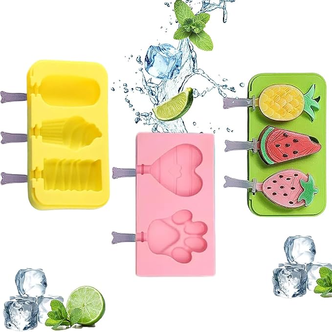 3 Pcs Cute Silicone Ice Cube Mold Set For Toddlers and Kids, BPA-Free Food Grade Ice Tray, Homemade Frozen Popsicle Maker Mold (3 PCS (fruit*1+love*1+ice cream*1))