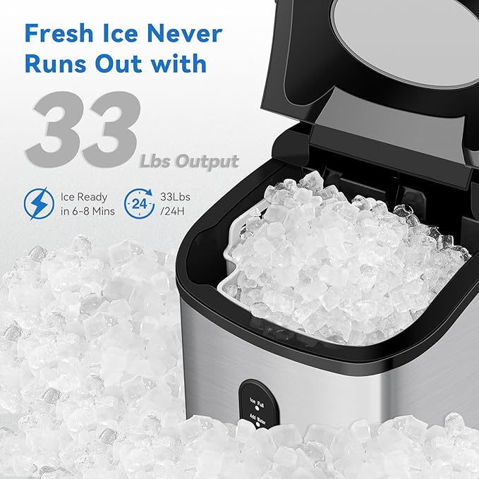 Countertop Nugget Ice Maker, 33lbs/24H, with Crunchy Chewable Ice Cubes, Rapid Ice Making in 6-8min, Portable Compact Design for RV/Home/Kitchen/Office