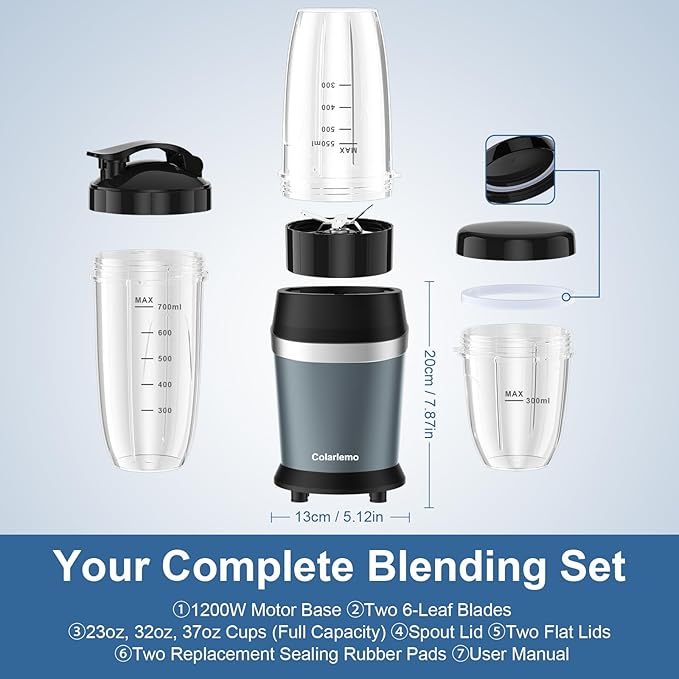 Colarlemo 12-Piece Smoothie Blender Maker 25,000 RPM Personal Blender for Ice Crushing Smoothies & Frozen Drinks Nuts with 23oz, 32oz, 37oz Portable Cups Two 6-Leaf Stainless Steel Blades, Ash Blue