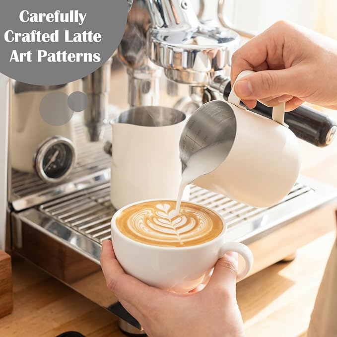 Honeydak 6 Pcs Milk Frothing Pitcher 304 Stainless Steel Steaming Pitchers for Coffee Bar Cappuccino Barista Tools Milk Jug Steamer Frother Cup (12 oz,White)