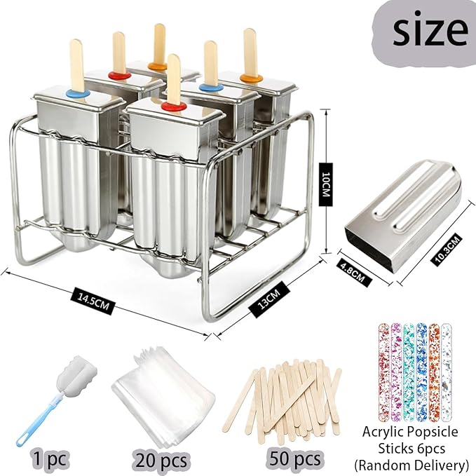Set of 6 Stainless Steel Popsicle Molds Kit, Metal Popsicle Moulds,Homemade Ice Treat Makerwith 50 Wooden Sticks and 6 Silicone Seals and 20 Pop Bags,Cleaning Brush（semi-circular）