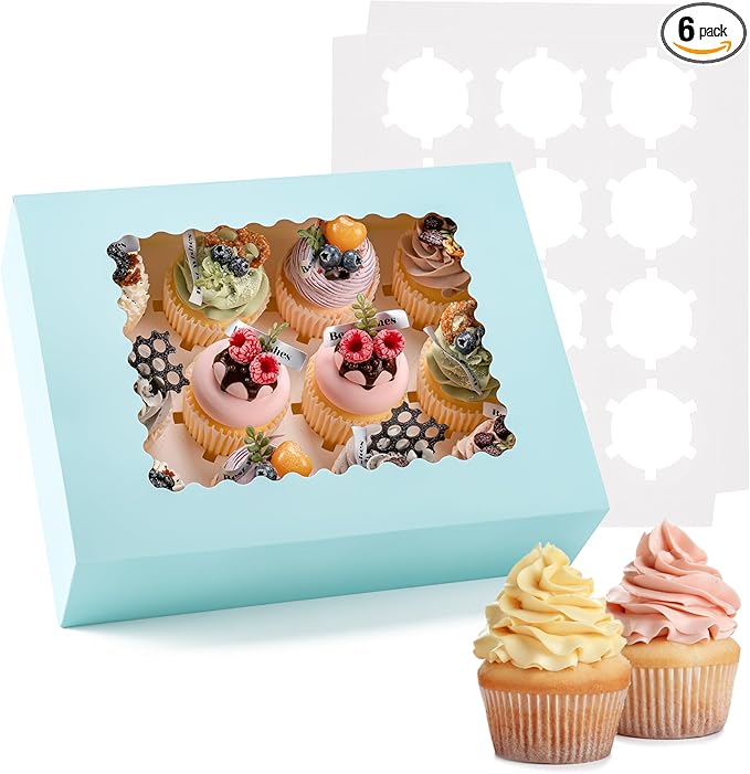 Hoewina 6PCS Cupcake Boxes - Hold 12 Count Cupcake Containers with Window, Food Grade Cupcake Holder Easy Transport and Presentation - Ideal for Cupcakes, Desserts, and More (Baby Blue)