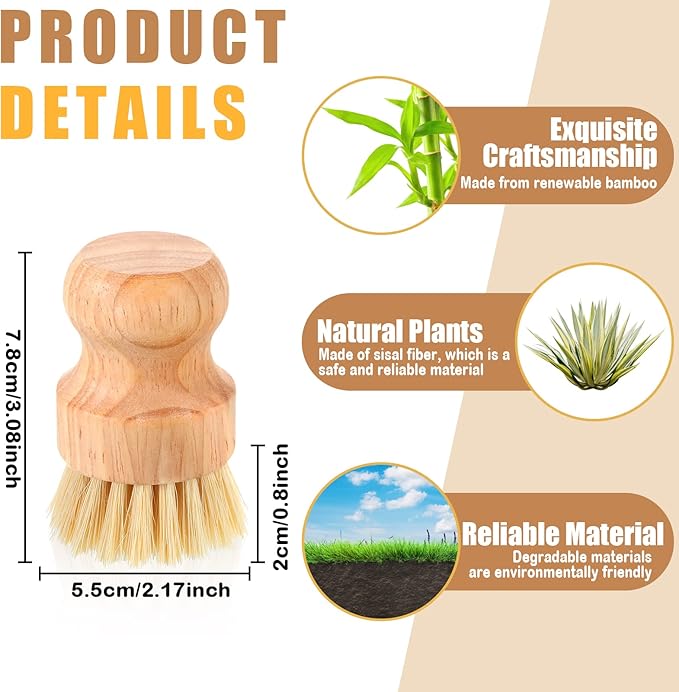 Nuenen 60 Packs Bamboo Dish Scrub Brushes Wooden Scrubbers Set Kitchen Dishwashing Scrubber with Natural Sisal Bristles for Iron Pot Pan Sink(Sisal)