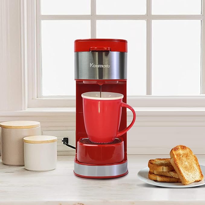 Kenmore Single Serve Coffee Maker – 6–12 Oz Brew Sizes, Compatible with Keurig K‑Cup Pods & Ground Coffee, One Cup Brewer, Travel Mug Friendly, Auto Shut‑Off, Hot & Iced maquina de cafe, Red