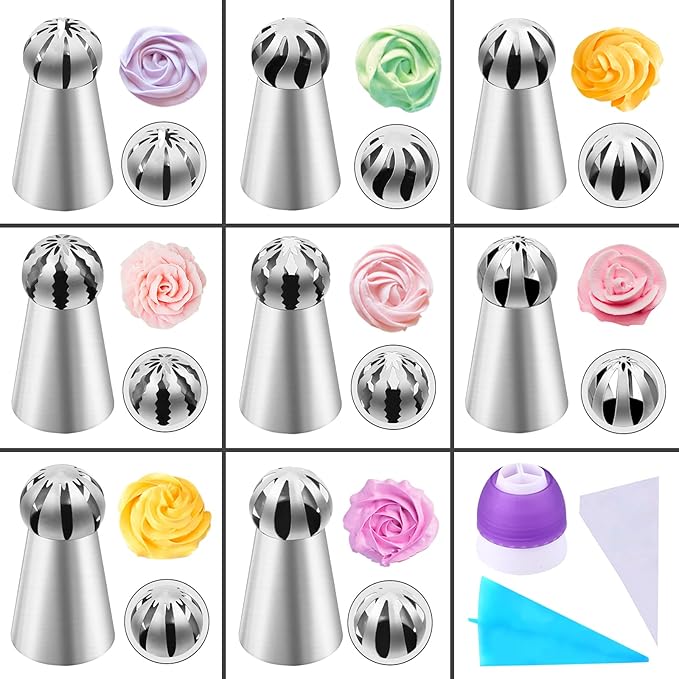 42 Pcs Russian Piping Tips Set, 8 Nozzles Flower Frosting Icing Tips Russian Ball Piping Tips for Cake Decorating Kit, 2 Couplers 30 Pastry Baking Bags 1 Cleaning Brush, 1 Reusable Silicone Bag YLYL
