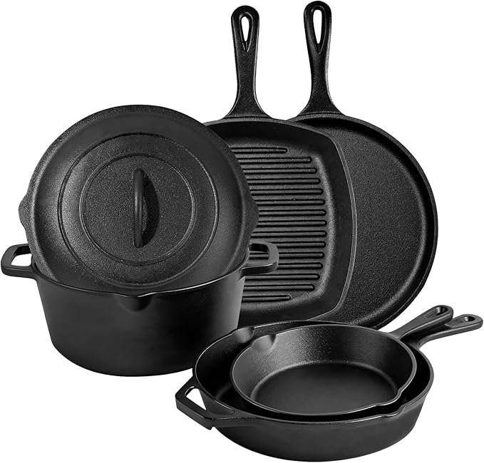 6 Piece Pre-Seasoned Cast Iron Cookware Set – Incl. 5QT Dutch Oven with Lid, 8'' and 10.25'' Cast Iron Skillets, 10.5'' Round Griddle, and a Square Grill Pan for Kitchen, Stovetop, & Camping