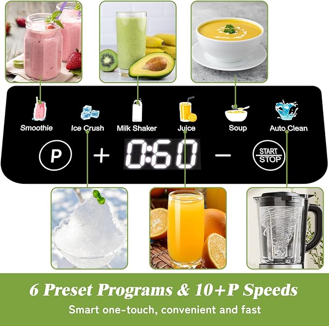 Blenders for Kitchen, Countertop Smoothie Blender with 51oz Glass Pitcher, Grinder & To-Go Cup Combo, 10 Speeds Digital Touchscreen Blender for Smoothies, Shake, Crush Ice, Dishwasher Safe