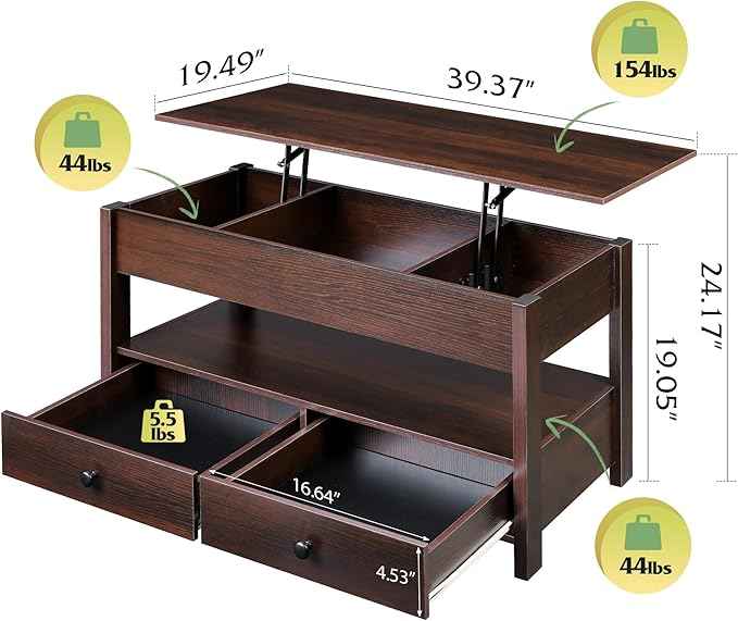 WLIVE Coffee Table, Lift Top Coffee Table with 2 Drawers, Large Hidden Compartment and Open Storage Shelf, Lift Tabletop, Dining Table for Living Room, Espresso