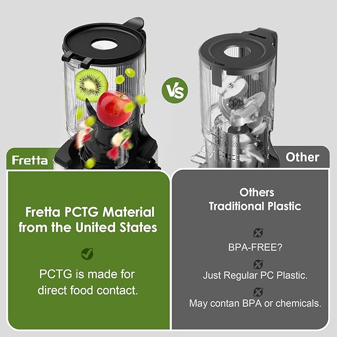 Juicer Machines,Fretta Cold Press Juicer Machines with American-Sourced PCTG Material,Fit Whole Fruits & Vegetables,Easy to Clean,Truly BPA-Free,Classic Black