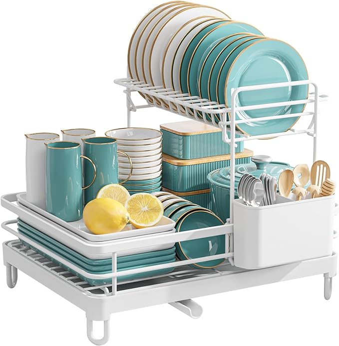 Sakugi Dish Drying Rack - X-Large Stainless Steel Dish Rack for Kitchen Counter, 2-Tier Kitchen Organizers and Storage for Dishes, Bowls, Cutlery, White