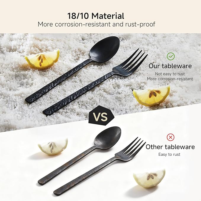 KINGSTONE 60 Pcs Black Hammered Silverware Set for 12, 18/10 Stainless Steel Heavy Duty Flatware Set, Tableware Cutlery Utensil Sets for Home Restaurant Dishwasher Safe