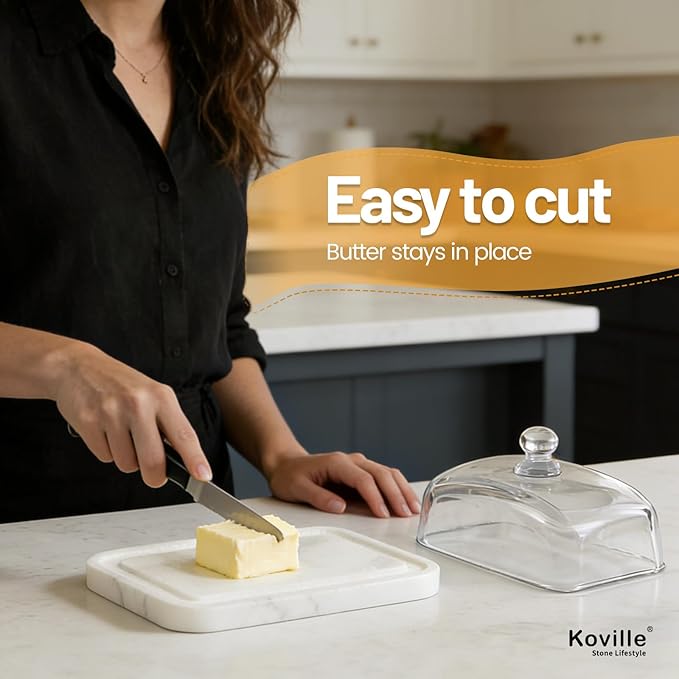 Koville White Marble Butter Dish with Lid for Countertop and Refrigerator Door Shelf, White Marble Butter Keeper, Stone Butter Dish with Lid, Airtight Butter Keeper Container, Dishwasher Safe