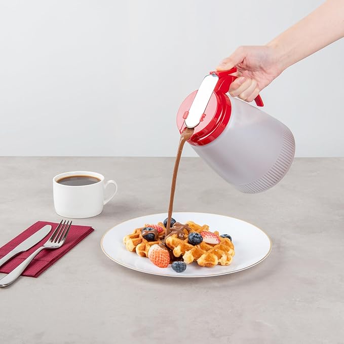 Restaurantware-Chef 101 48 Ounce All Purpose Syrup Dispensers, 10 Honey Dispensers - Red Top, Stainless Steel Slide Cover, Plastic Pancake Syrup Bottle, Perfect For Diners, Restaurants, Home