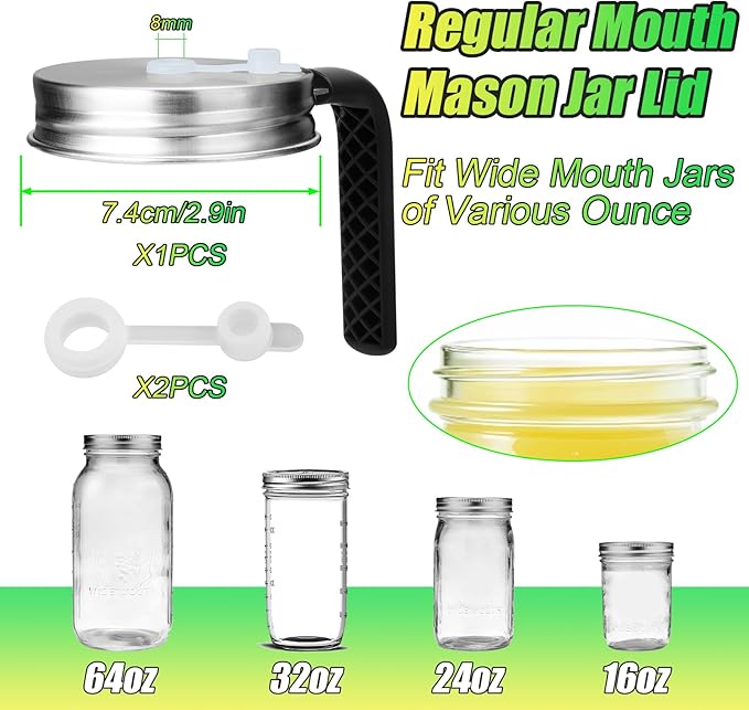 Palksky Mason Jar Lids with Straw Hole & Handle for Regular Mouth Jars, Leak-Resistant Drinking Lids with Extra Silicone Rings, Mason Jar Straw Lids for Iced Coffee, Lemonade, Juice (1 Pack)