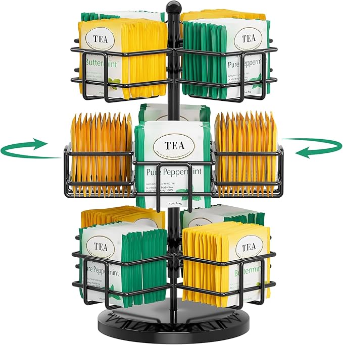 EsLuker.ly Tea Bag Holder Organizer for Counter 3 Tier Metal Teabag Storage Rack, Spinning Carousel Packet Display Stand, Tea Organizer Station with Easy Access for Kitchen Office, Black