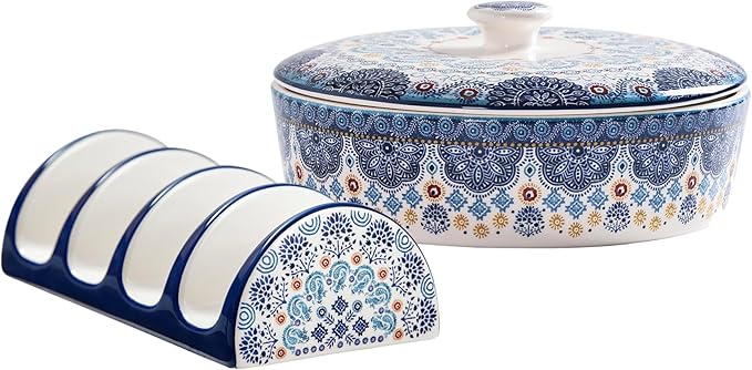Bico Blue Talavera Taco Tuesday Set, Tortilla Warmer and Taco Holder, Microwave and Dishwasher Safe