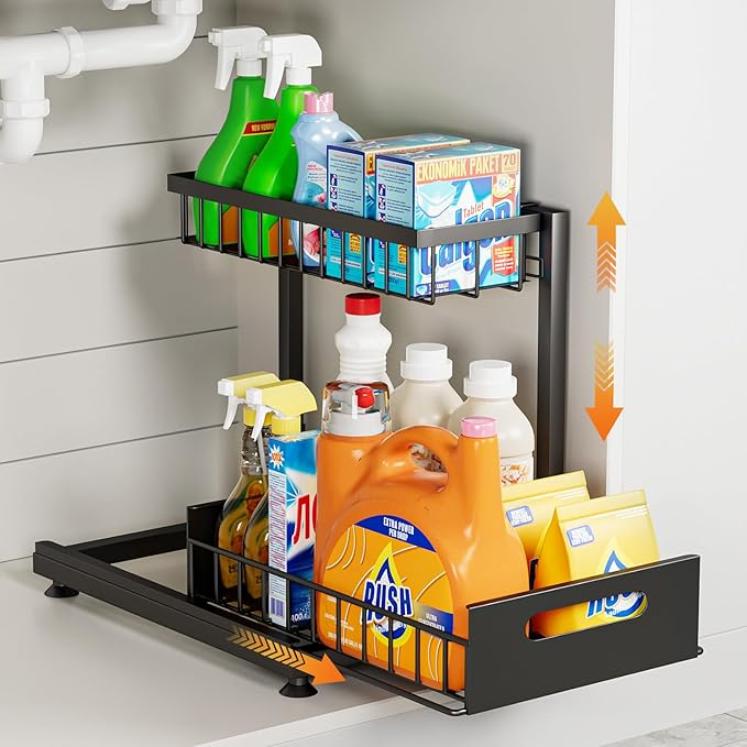 Saydear Under Sink Organizer Storage 2-Tier Premium Metal Pull-Out Kitchen Cabinet Organizer with Sliding Drawer, Height Adjustable, Heavy Duty for Kitchen & Bathroom Organizers 1 Pack Black