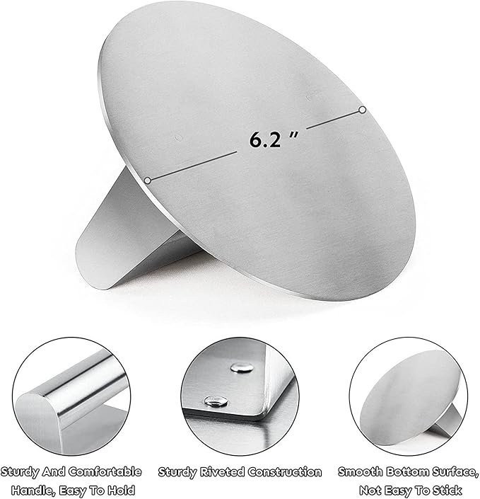 HULISEN Stainless Steel Burger Press, 6.2 inch Round Burger Smasher, Professional Griddle Accessories Kit, Grill Press Perfect for Flat Top Griddle Grill Cooking
