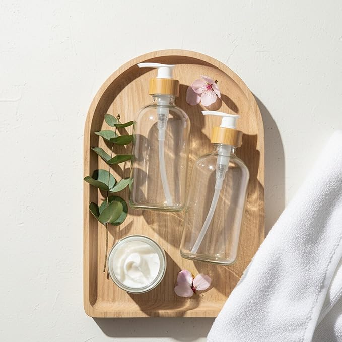 SAVVY & SORTED Glass Hand Soap Dispenser Bathroom, Dish Soap Dispenser for Kitchen Sink, Refillable Clear Glass Bottles with White Bamboo Pump for Liquid Hand Wash, 17 Fl Oz / 500 ml