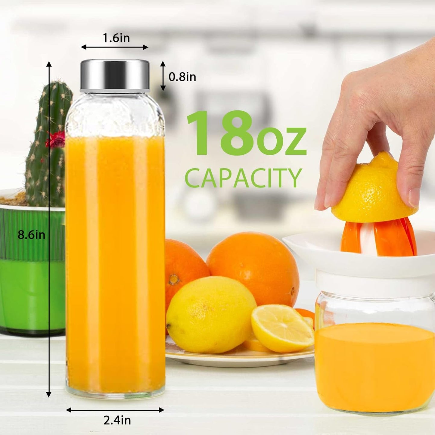 Clear Glass Bottles with Lids 18 oz, Reusable Glass Water Bottles with Stainless Steel Cap for Juicing, Refrigerator,100% Leak Proof, BPA Free, Set of 3
