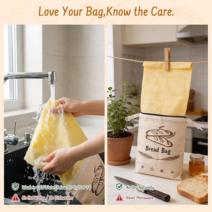 2-Pack Reusable Beeswax Bread Bags for Sourdough & HomemadeBread with Zipper, 16.5 x 13 inch bread bags for Food Storage