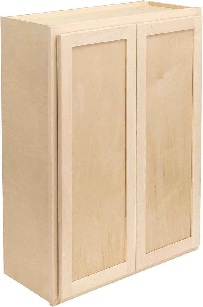 Quicklock RTA (Ready-to-Assemble) 42" Tall Wall Kitchen Cabinets - Shaker Style | 100% Hardwood | Made in America | Soft Close Hardware (12" D x 27" W x 42" H, Raw Maple)