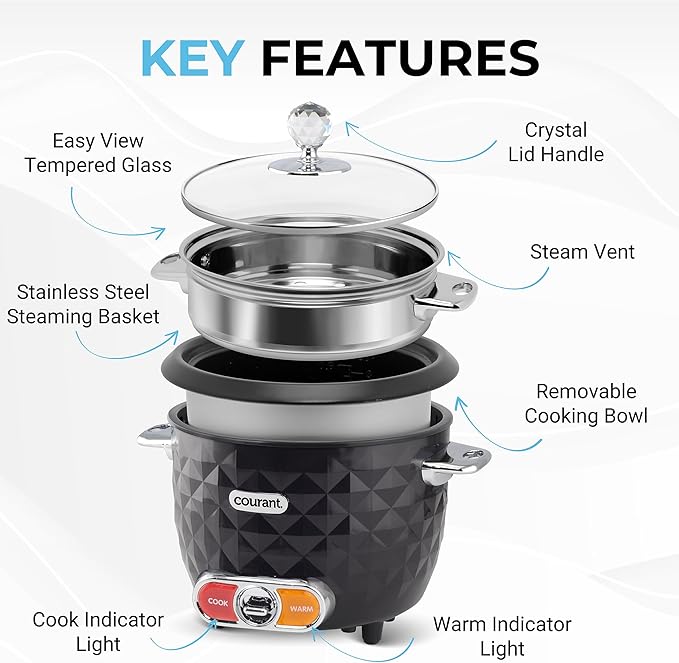 Courant 10-Cup (Cooked) / 5-Cup Uncooked Rice Cooker and Steamer with One-Touch Operation, Automatic Keep Warm Function, and Chrome Accents, Black