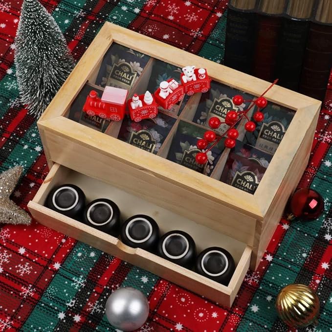 Tea Bag organizer Storage Box with Drawer Tea Organizers with Clear Acrylic Window Wooden Tea Box for Countertop with 8 Compartments Teabag Holder with 4 Cotton Woven Coasters（WWood02）