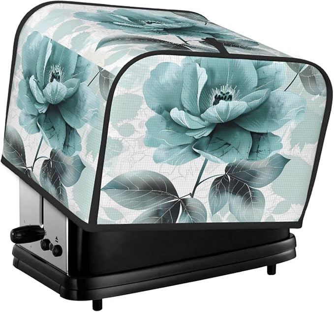 Toaster Cover 4 Slice Elegant Teal Flower Leaves Waterproof Appliance Cover with Hang Loop Bread Baker Toaster Cover for Kitchen