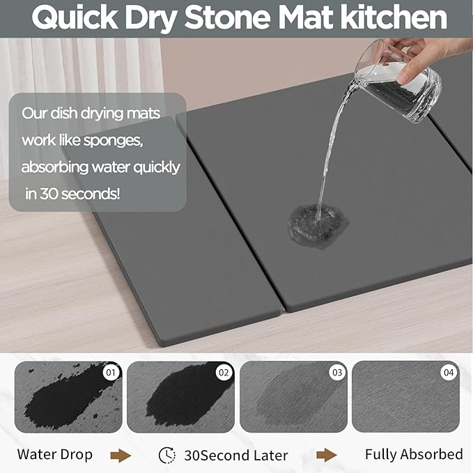 2PCS Stone Drying Mat for Kitchen Counter, Large Stone Dish Drying Mat - Diatomite Earth Water Absorbing Drying Stone for Kitchen Counter Mat, Quick Dry Stone Mat Kitchen for Cups Dishes Bottles.