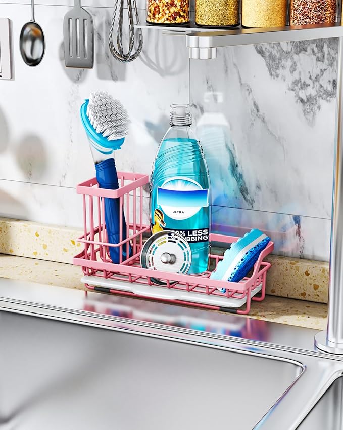Consumest Sponge Holder for Kitchen Sink - Kitchen Sink Caddy Organizer with Removable Drip Tray for Countertop Dish Soap Dispenser Brush Storage Accessories 304 Stainless Steel, Pink