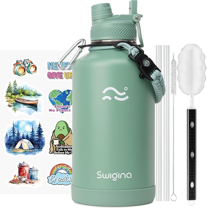 Swigina [2-IN-1 LID] 64 oz Insulated Water Bottle with Silicone Boot (48hrs Cold/24hrs Hot) - DIY Stickers, Leakproof, BPA Free, Half Gallon
